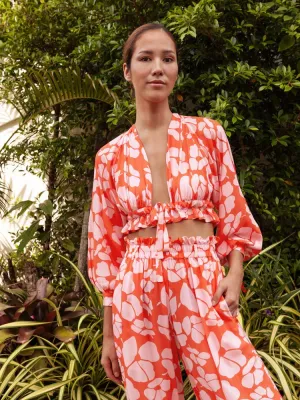 Lily Printed Bamboo Poplin Long Sleeve Crop Blouse - Persimmon Poppy