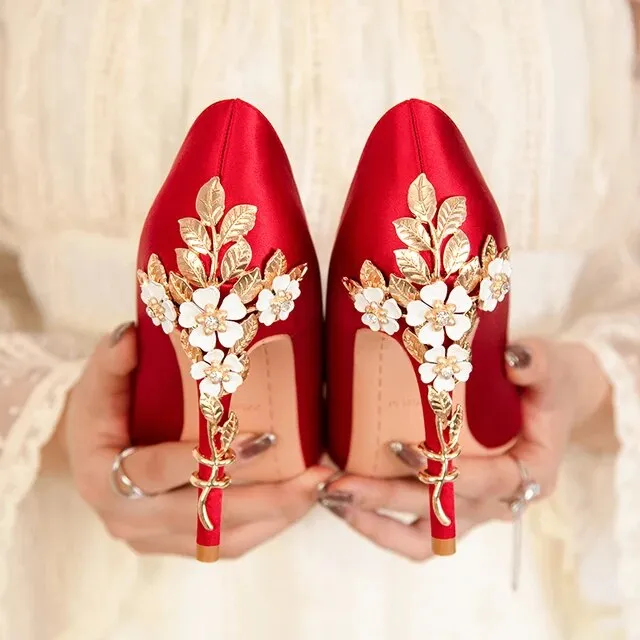 Metal Carved Heels Women Pumps Stiletto Shoes