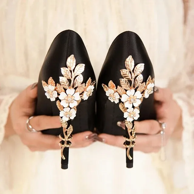 Metal Carved Heels Women Pumps Stiletto Shoes