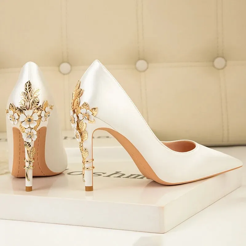 Metal Carved Heels Women Pumps Stiletto Shoes