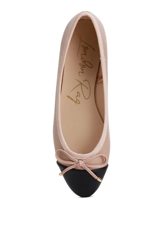 Minato Two Tone Ballet Flats - Nude, Vegan Leather, Contrasting Toe Cap, Bow Detail