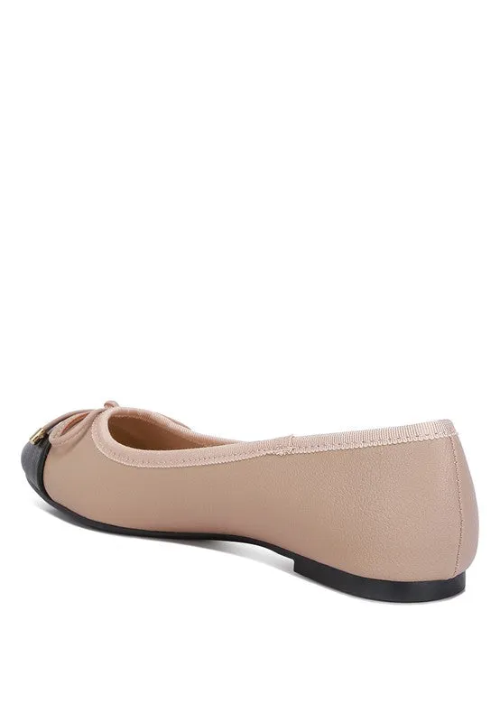 Minato Two Tone Ballet Flats - Nude, Vegan Leather, Contrasting Toe Cap, Bow Detail