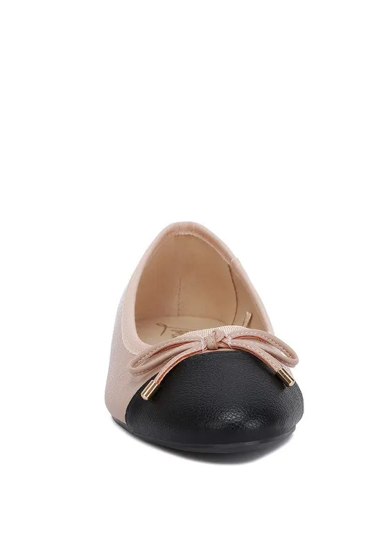 Minato Two Tone Ballet Flats - Nude, Vegan Leather, Contrasting Toe Cap, Bow Detail