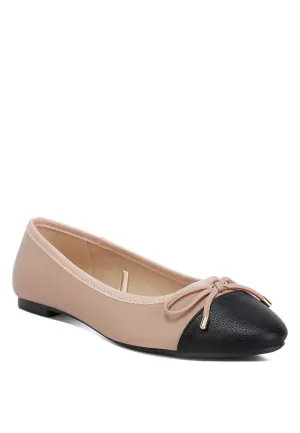 Minato Two Tone Ballet Flats - Nude, Vegan Leather, Contrasting Toe Cap, Bow Detail