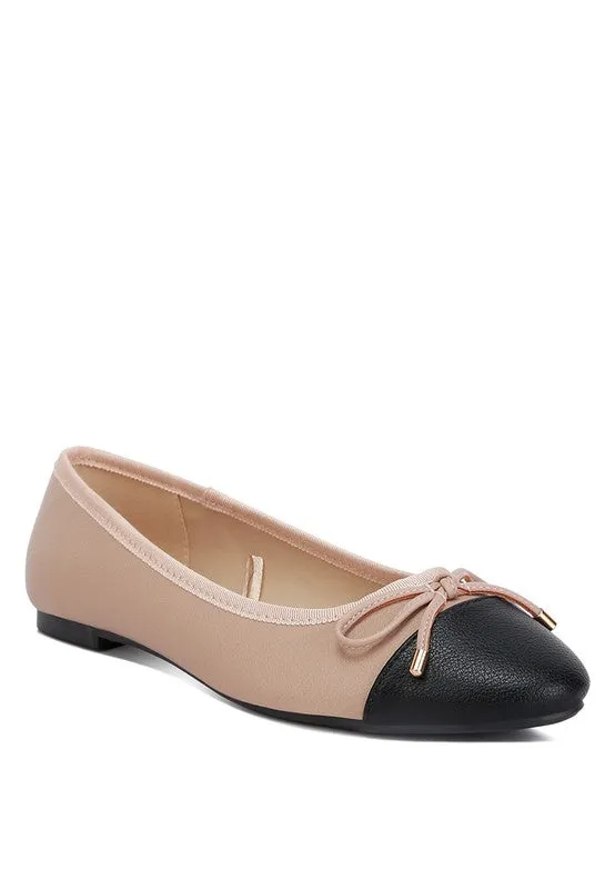 Minato Two Tone Ballet Flats - Nude, Vegan Leather, Contrasting Toe Cap, Bow Detail