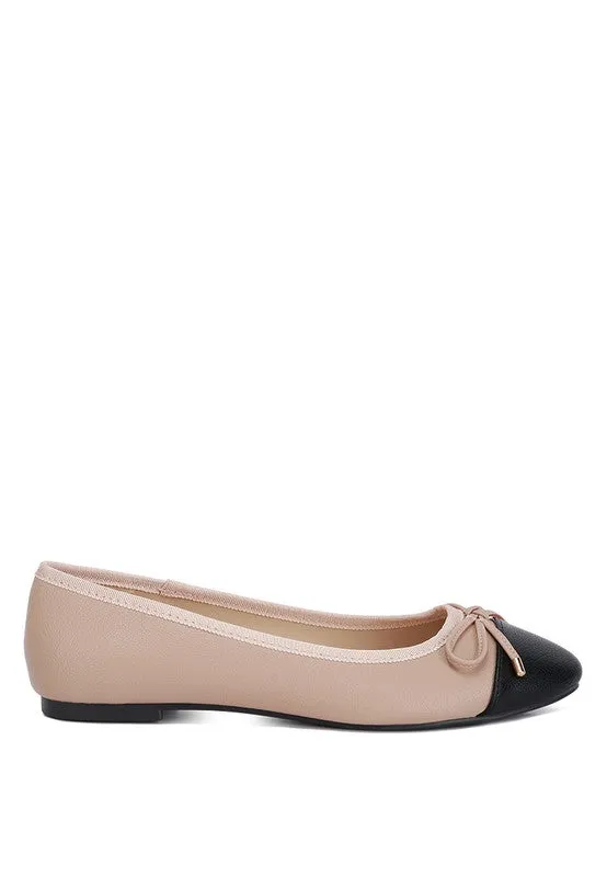 Minato Two Tone Ballet Flats - Nude, Vegan Leather, Contrasting Toe Cap, Bow Detail