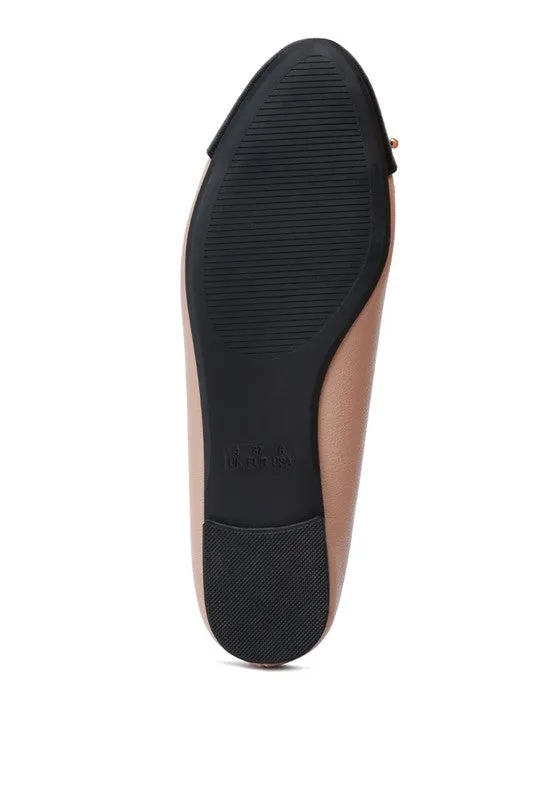 Minato Two Tone Ballet Flats - Nude, Vegan Leather, Contrasting Toe Cap, Bow Detail