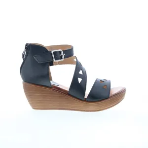 Miz Mooz Spicy Womens Black Leather Hook & Loop Wedges Sandals Shoes