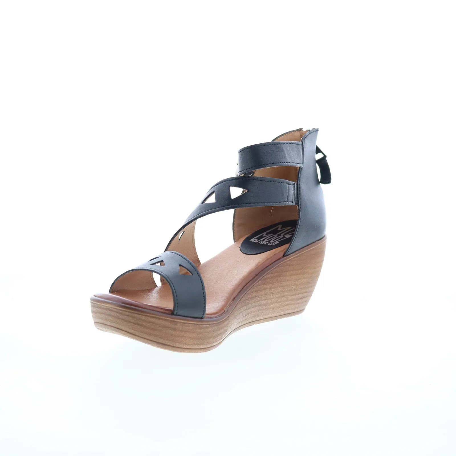 Miz Mooz Spicy Womens Black Leather Hook & Loop Wedges Sandals Shoes
