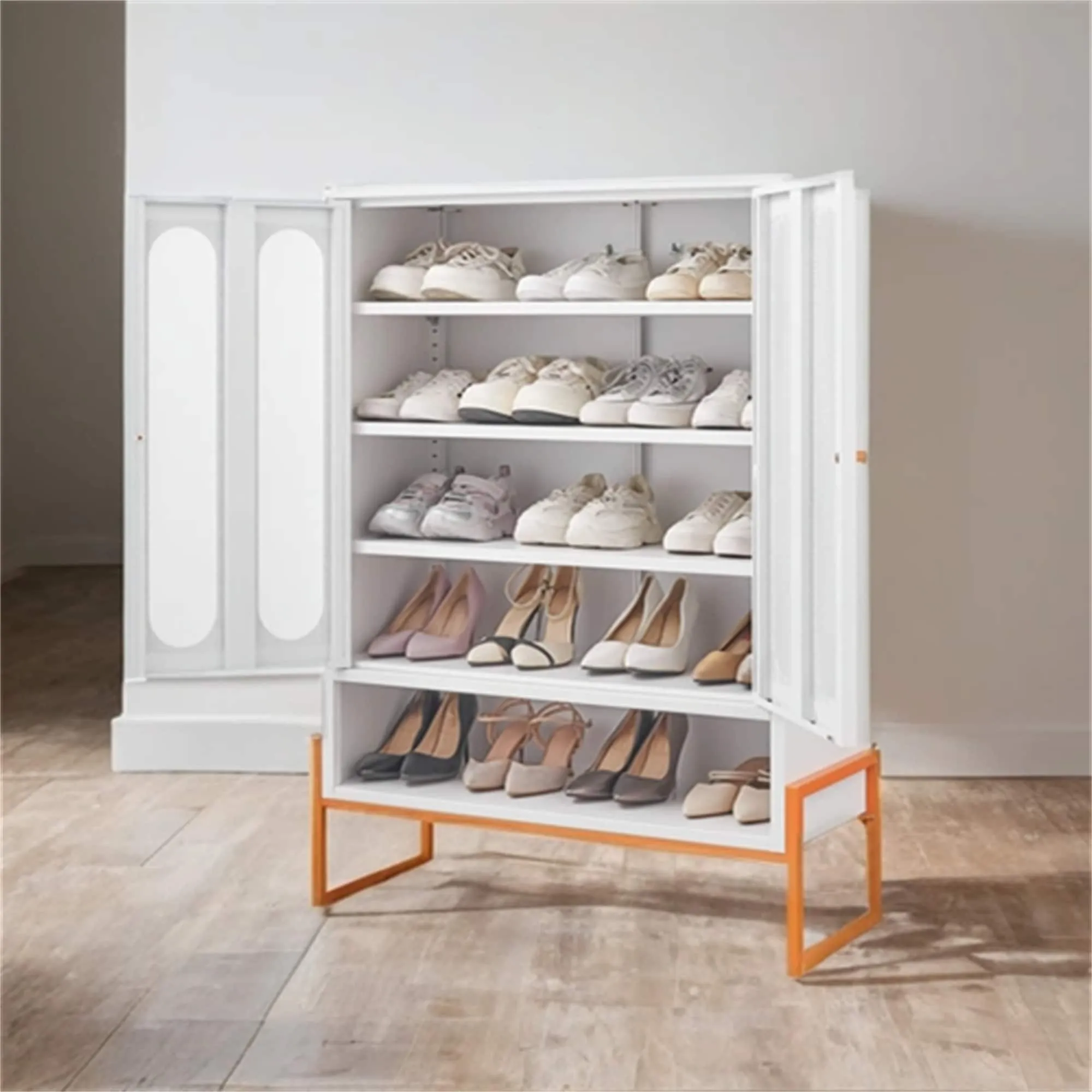 Modern Metal Shoe Cabinet with Adjustable Mesh Doors and High Foot
