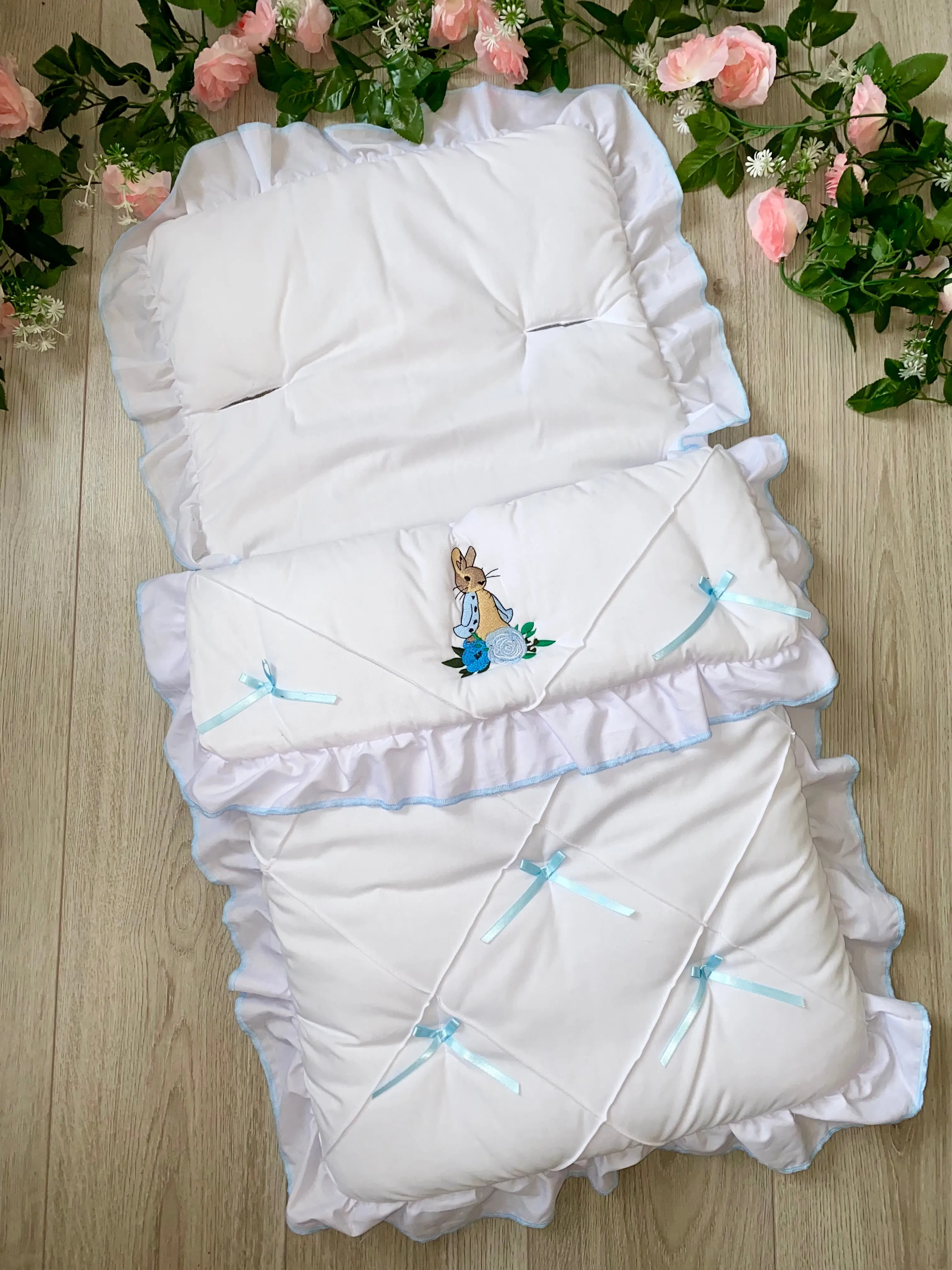 Peter Rabbit Cosy Toes Footmuff Pram Blanket - White With Blue Trim