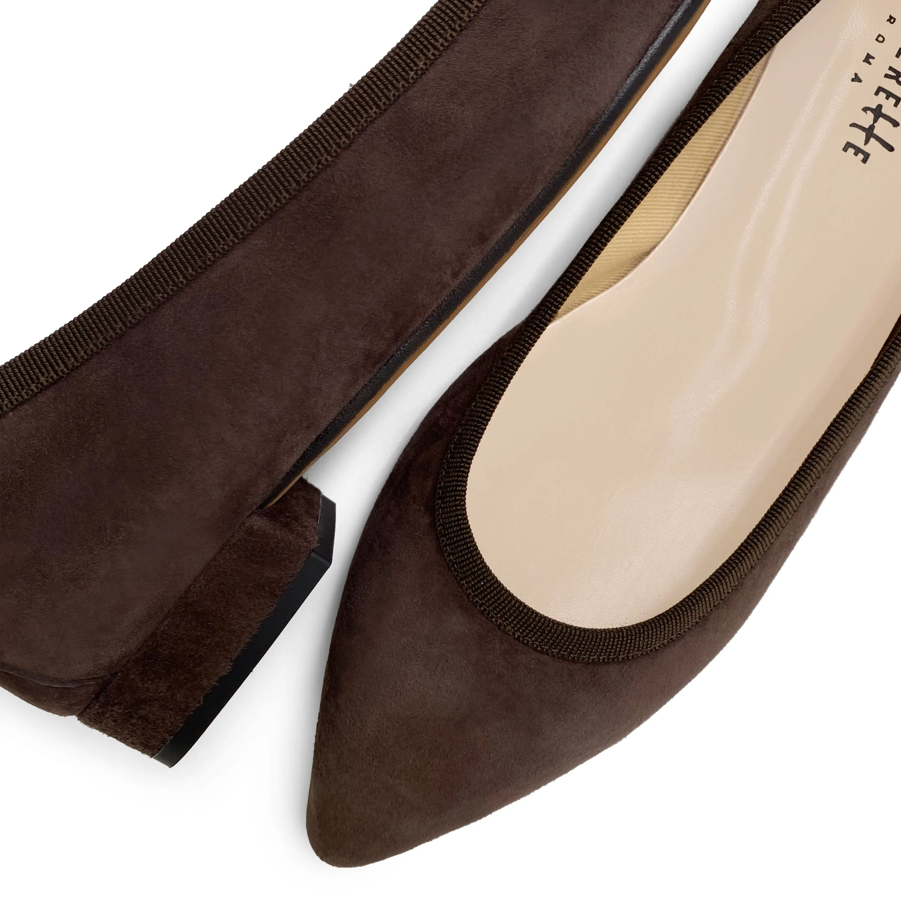 Pointed toe dark brown suede ballet flats