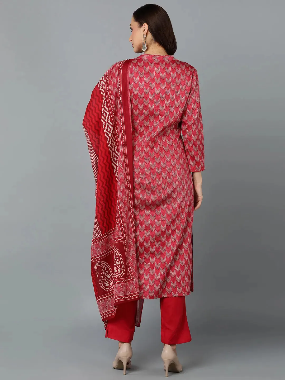 Red Silk Blend Straight Kurta Pant With-VKSKD1812