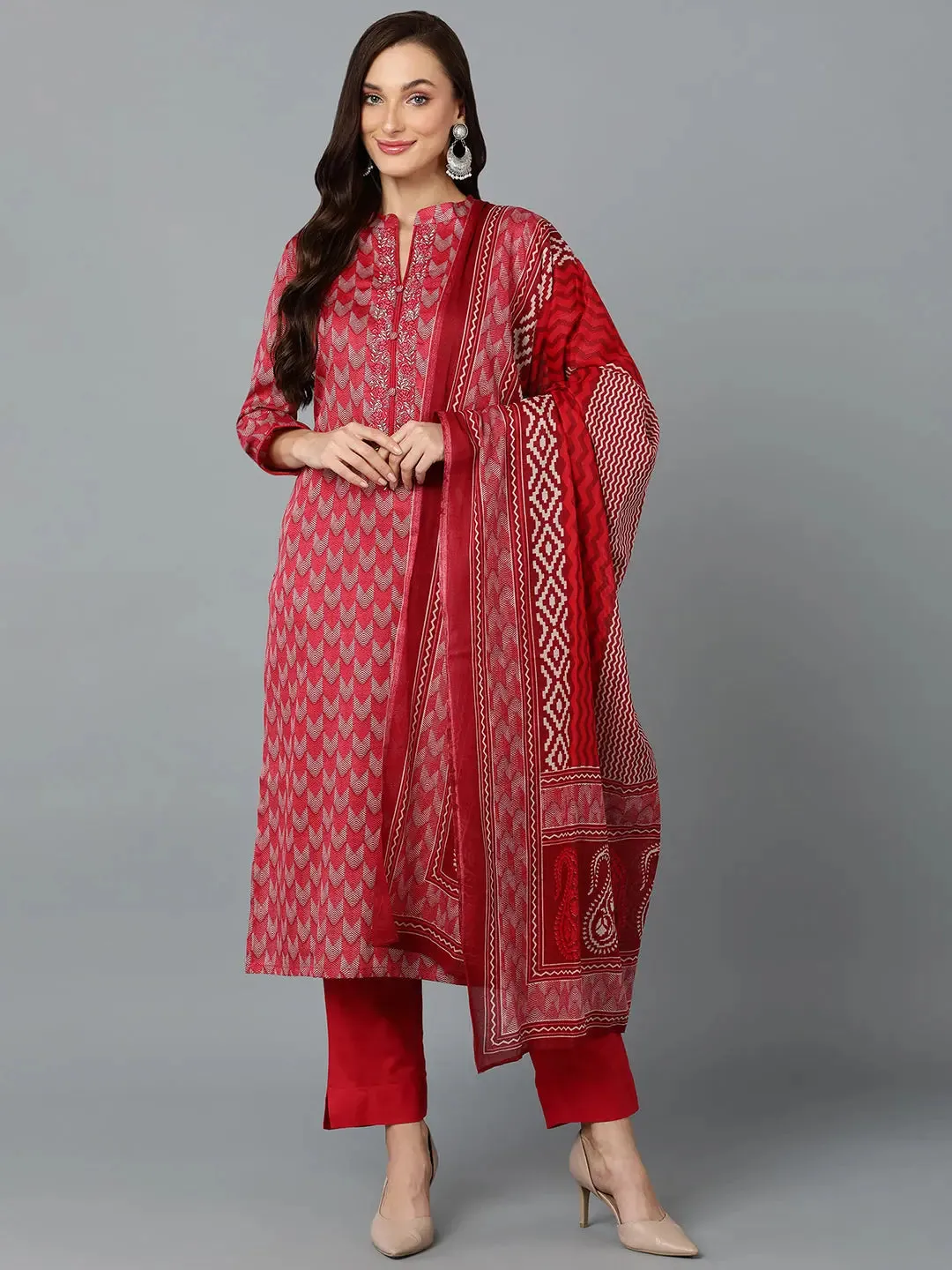 Red Silk Blend Straight Kurta Pant With-VKSKD1812