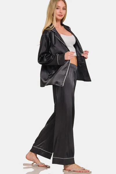Satin Button-Down Long Sleeve Top & Pants Set – Luxe Two-Piece Lounge or Outing Look
