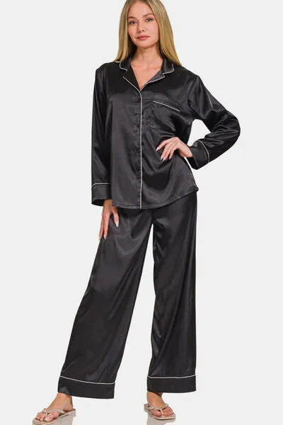 Satin Button-Down Long Sleeve Top & Pants Set – Luxe Two-Piece Lounge or Outing Look