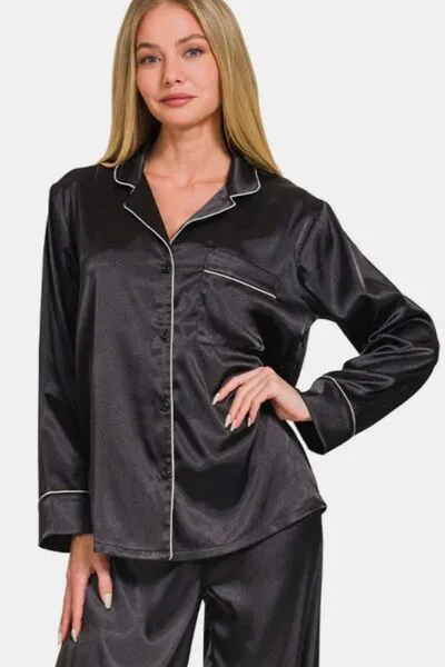 Satin Button-Down Long Sleeve Top & Pants Set – Luxe Two-Piece Lounge or Outing Look