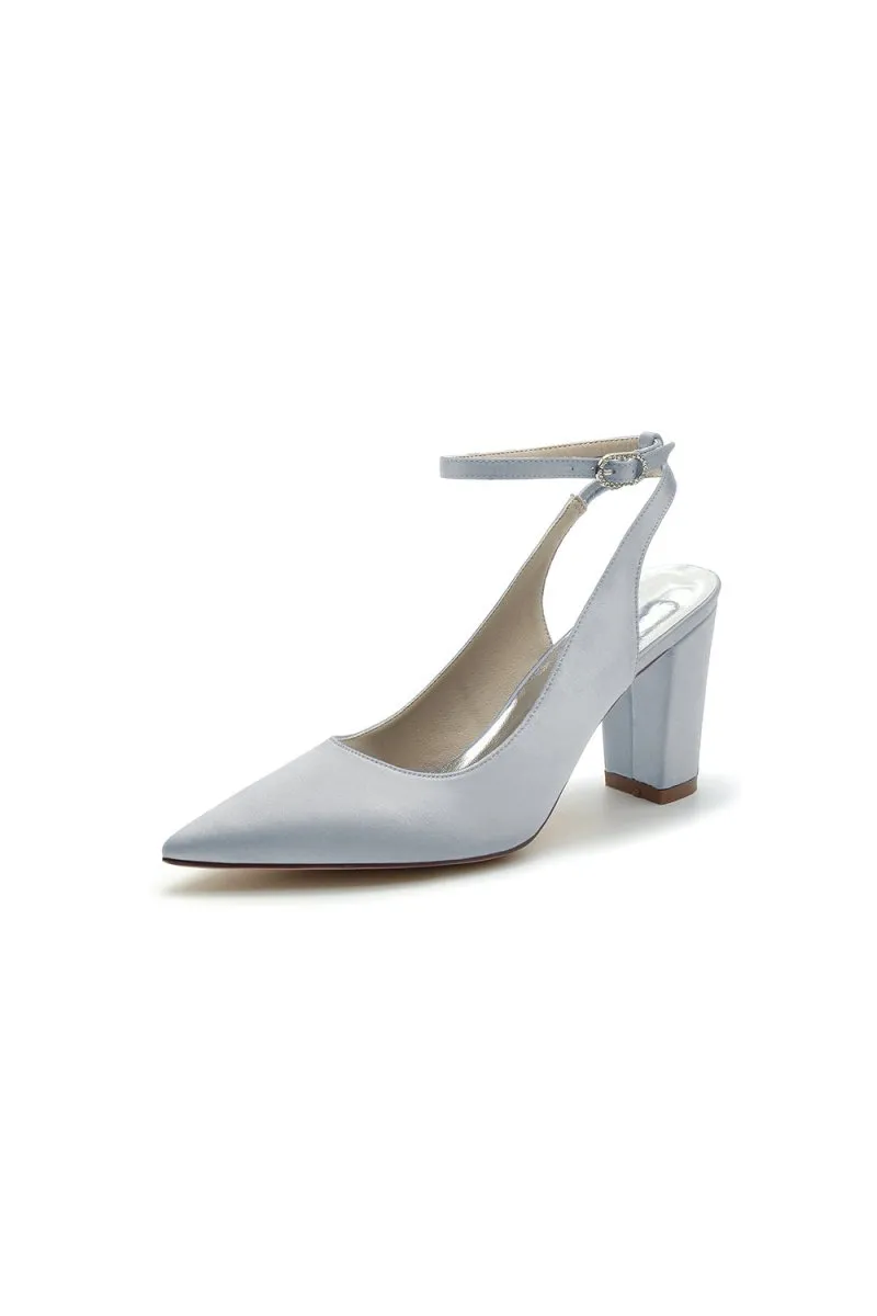 Satin Pointed Toe Ankle Strap Chunky Heels
