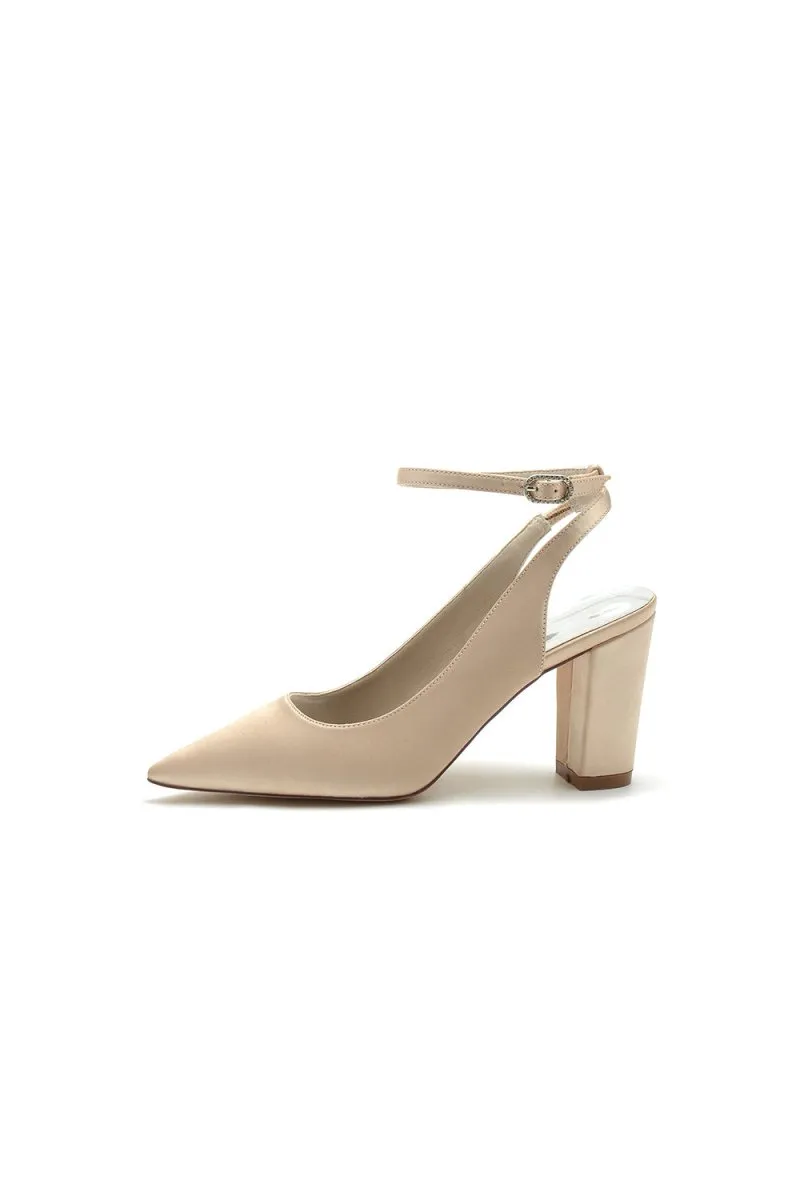 Satin Pointed Toe Ankle Strap Chunky Heels