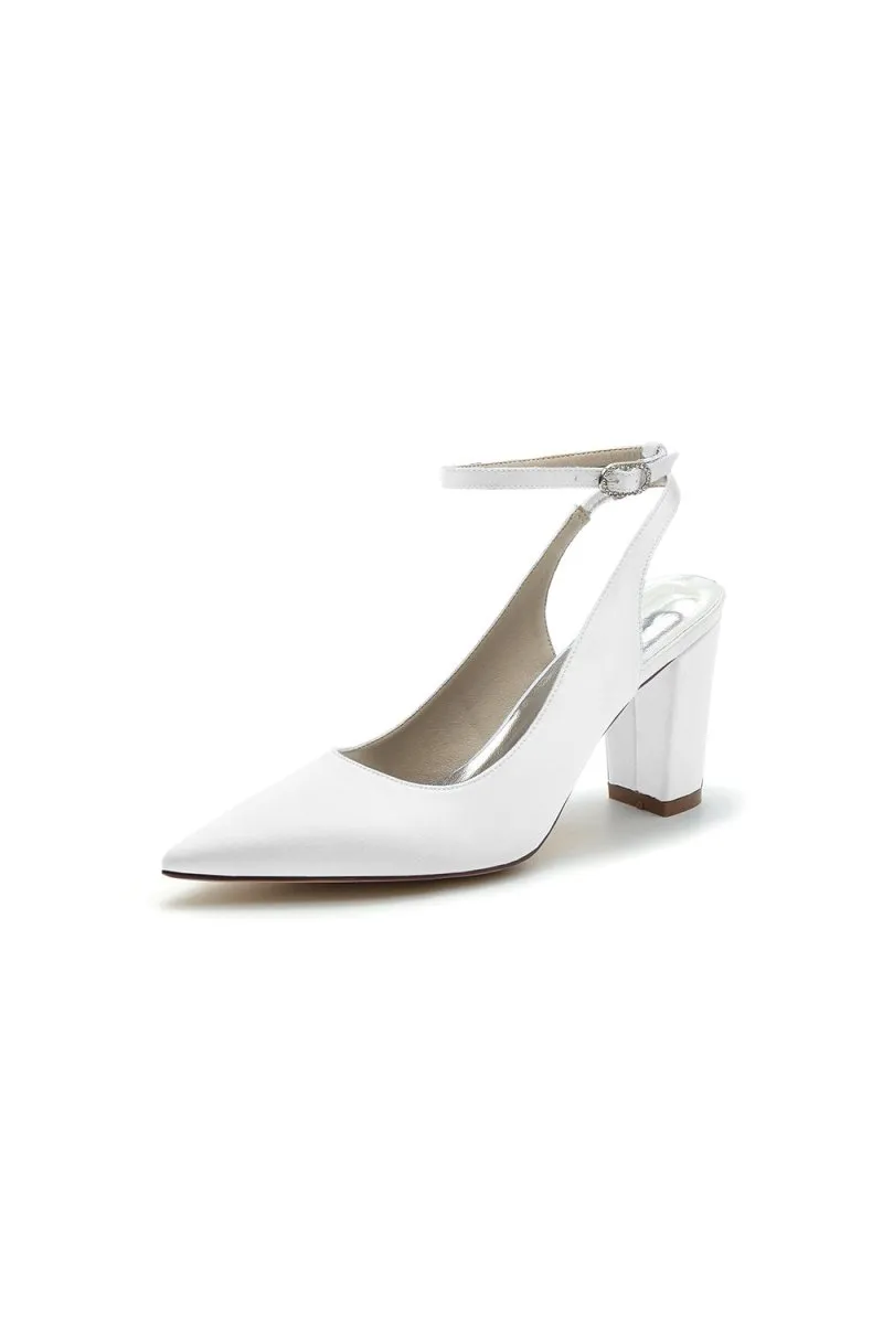 Satin Pointed Toe Ankle Strap Chunky Heels