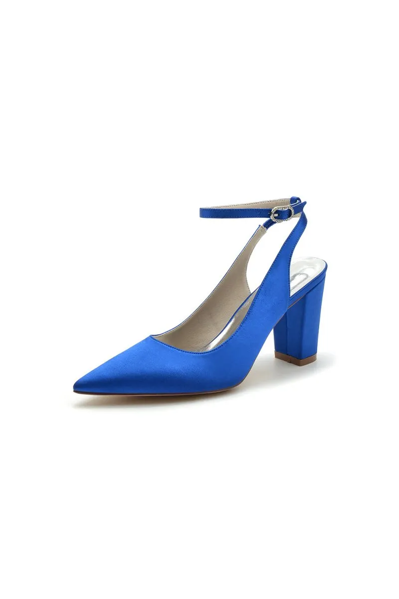 Satin Pointed Toe Ankle Strap Chunky Heels