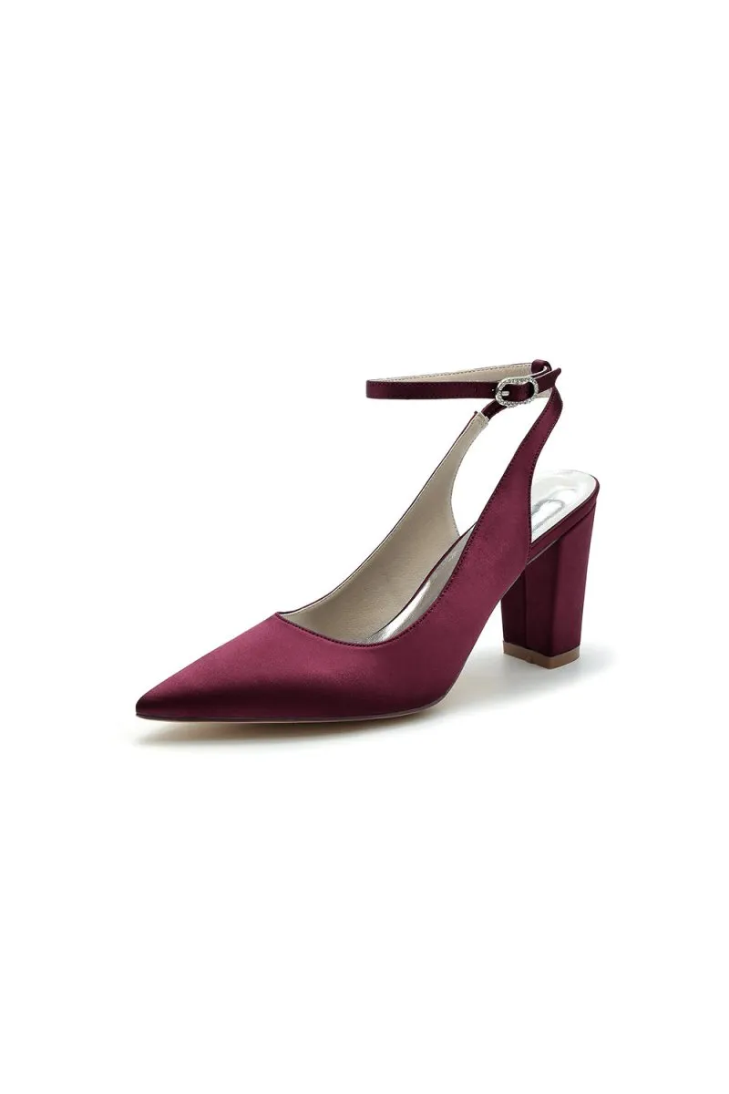 Satin Pointed Toe Ankle Strap Chunky Heels