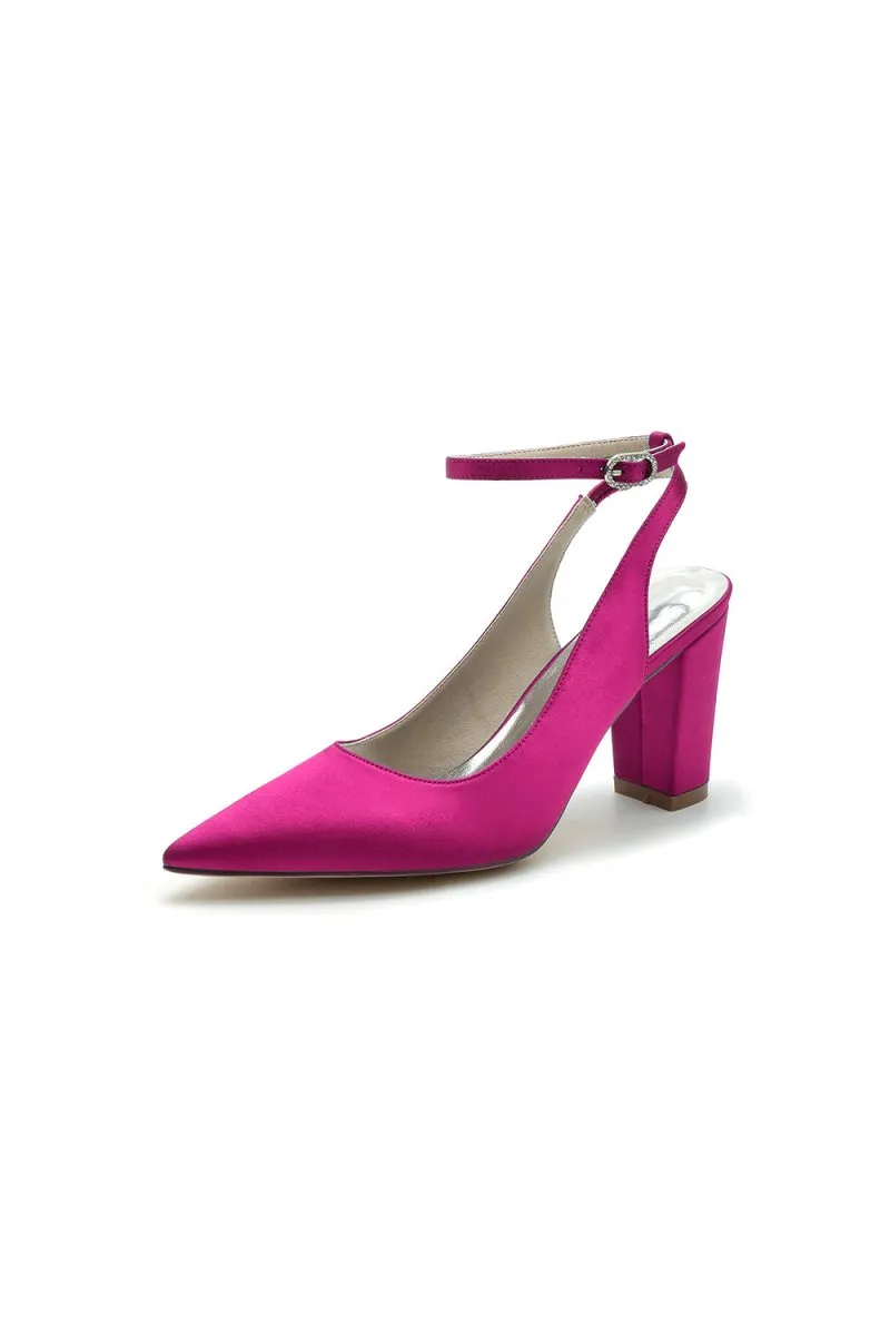 Satin Pointed Toe Ankle Strap Chunky Heels