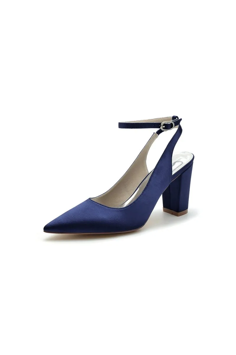Satin Pointed Toe Ankle Strap Chunky Heels