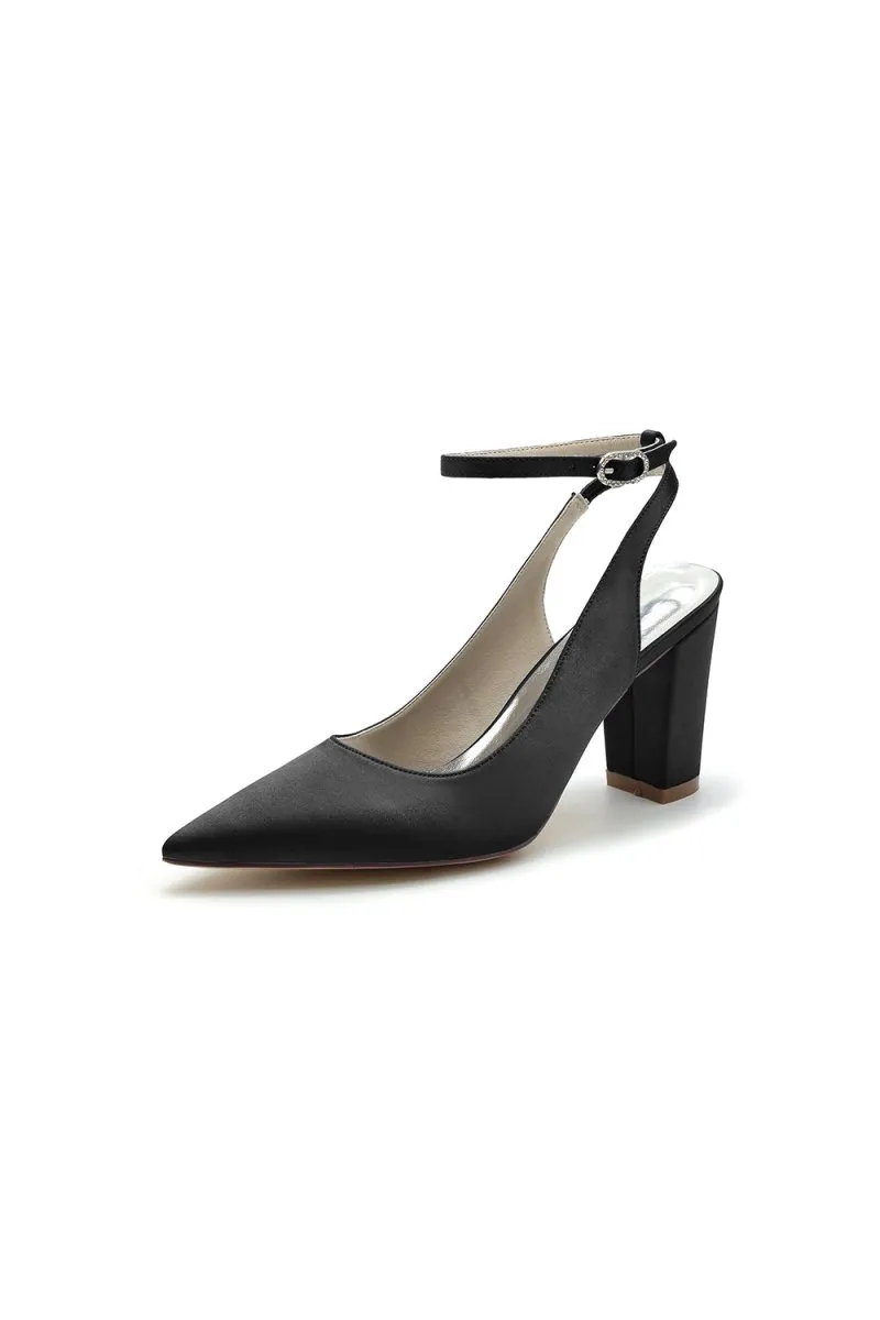 Satin Pointed Toe Ankle Strap Chunky Heels