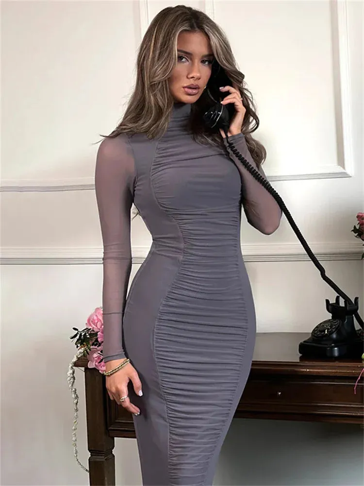 Sheer Sleeve Bodycon Maxi Dress | Elegant & Sleek | High Neck