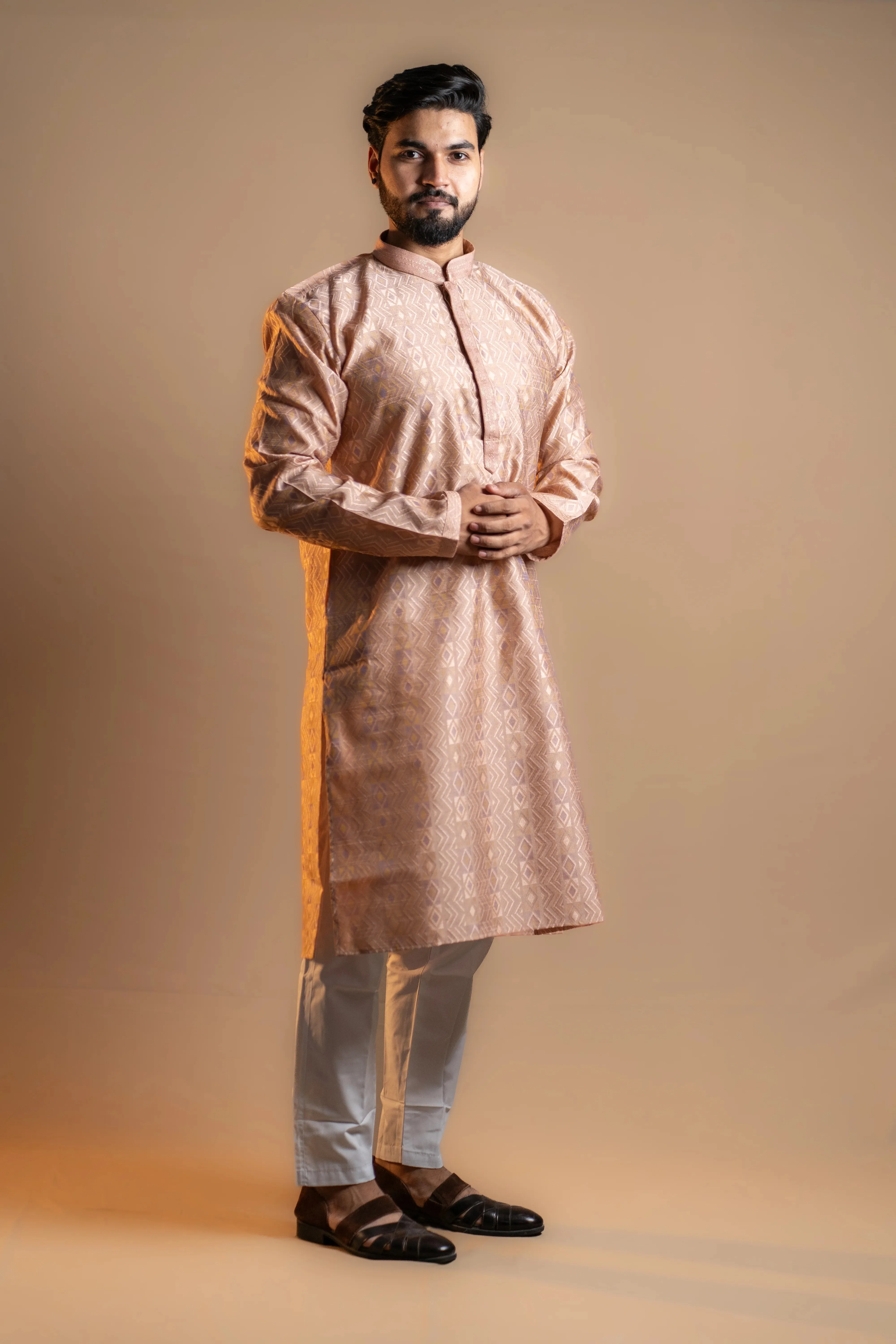 Shiny Beige Patterned Kurta Pajama