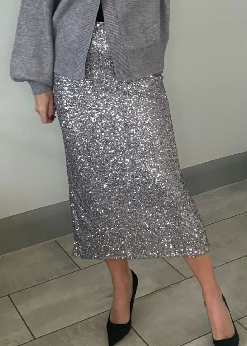 Silver Luxe Sequin Pencil Skirt