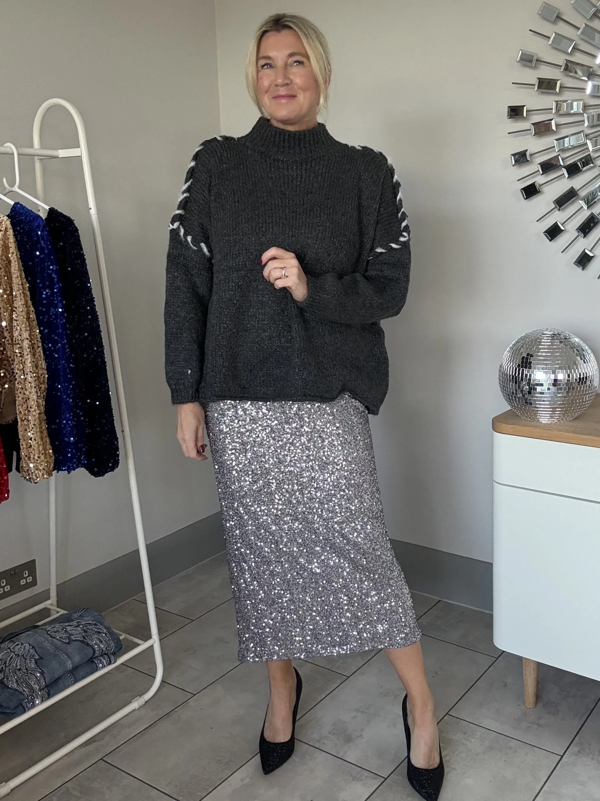 Silver Luxe Sequin Pencil Skirt