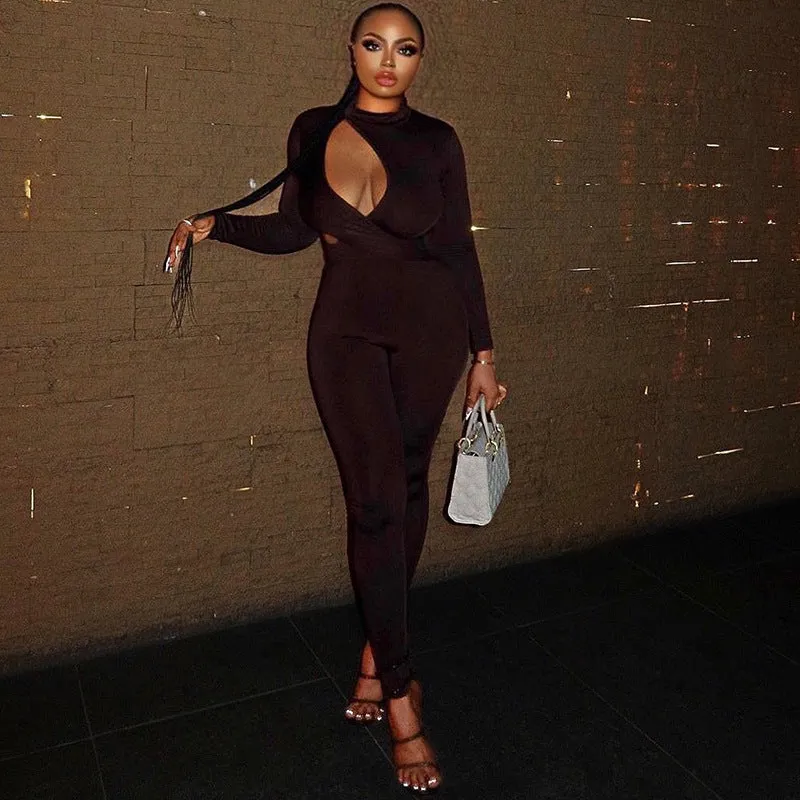 Sleek and Sexy Solid Color Long Sleeve Hollow Cutout Tight Fitting Jumpsuit for Modern Fashionistas
