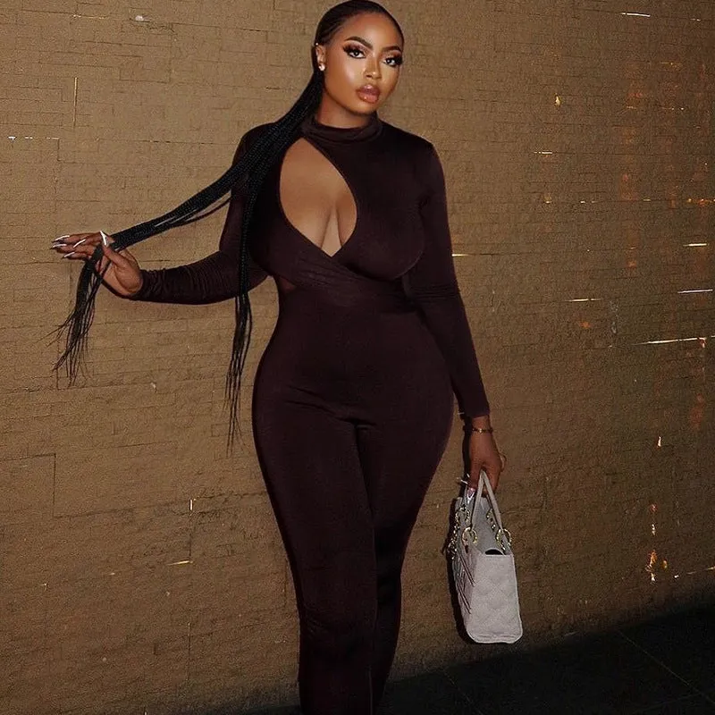 Sleek and Sexy Solid Color Long Sleeve Hollow Cutout Tight Fitting Jumpsuit for Modern Fashionistas