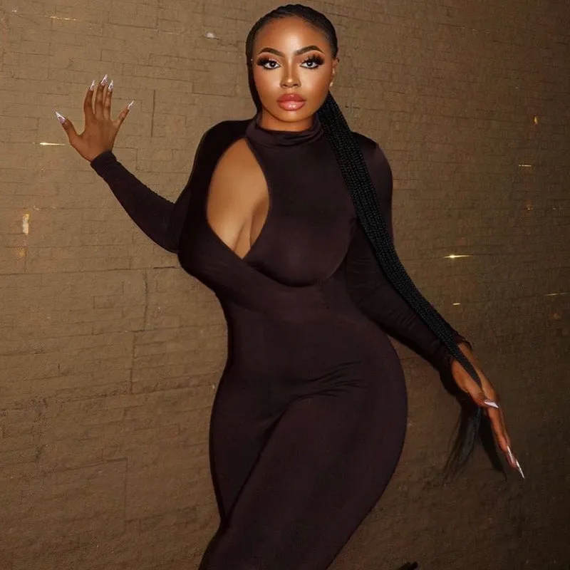Sleek and Sexy Solid Color Long Sleeve Hollow Cutout Tight Fitting Jumpsuit for Modern Fashionistas