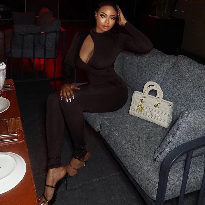Sleek and Sexy Solid Color Long Sleeve Hollow Cutout Tight Fitting Jumpsuit for Modern Fashionistas