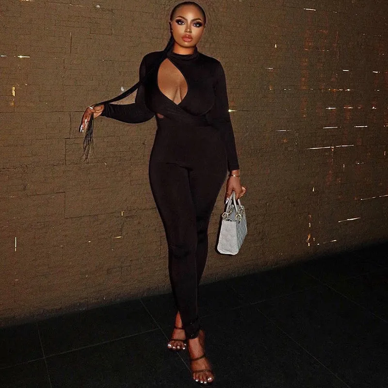 Sleek and Sexy Solid Color Long Sleeve Hollow Cutout Tight Fitting Jumpsuit for Modern Fashionistas