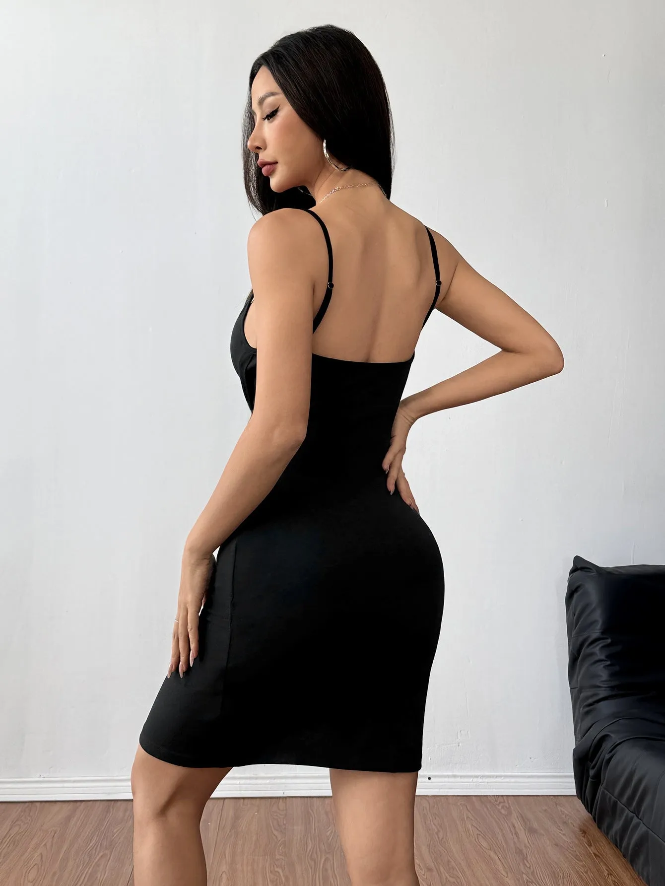 Sleek and Sultry Asymmetrical Slit Spaghetti Strap Bodycon Mini Dress