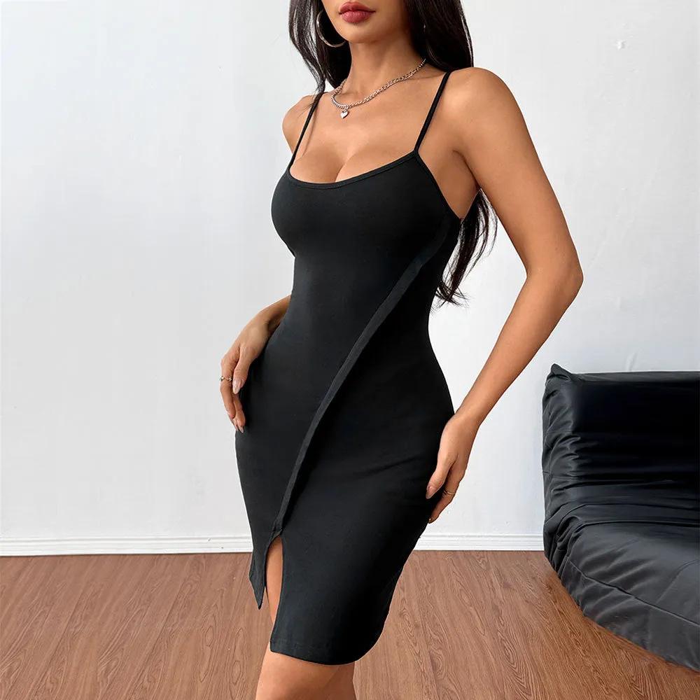 Sleek and Sultry Asymmetrical Slit Spaghetti Strap Bodycon Mini Dress