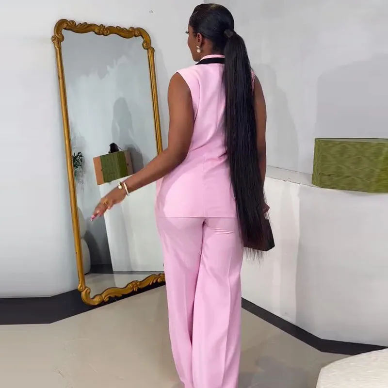 Sleek Sleeveless Blazer Vest and Wide-Leg Pants Two-Piece Set