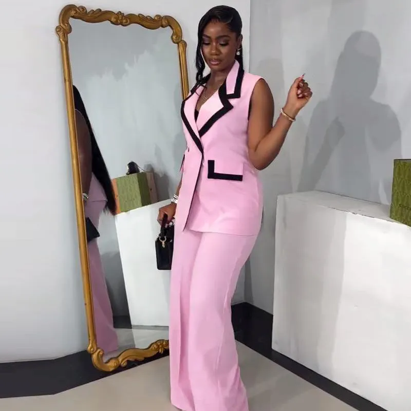 Sleek Sleeveless Blazer Vest and Wide-Leg Pants Two-Piece Set
