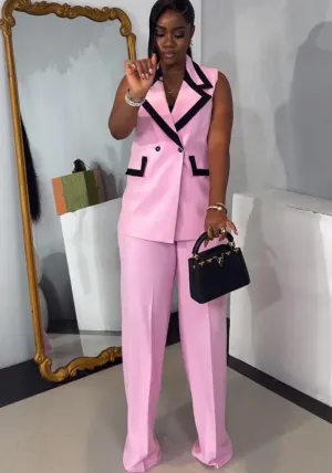 Sleek Sleeveless Blazer Vest and Wide-Leg Pants Two-Piece Set