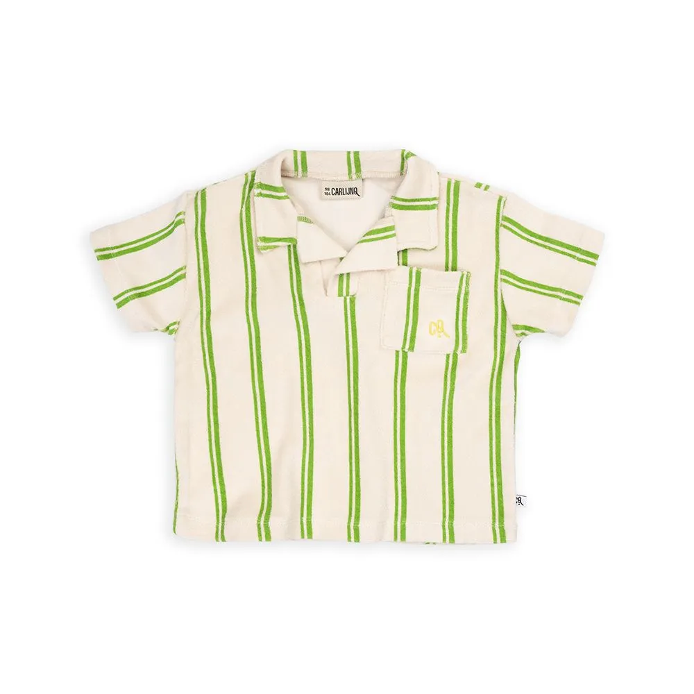 Stripes Green Loose Fit Terry Polo Shirt With Embroidery
