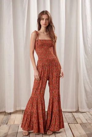 Tiny Print Floral Bell Bottom Jumpsuit