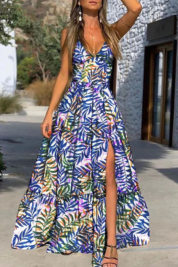 V-neck Leaves All Print Split Dress