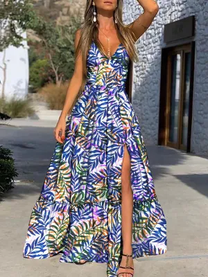 V-neck Leaves All Print Split Dress