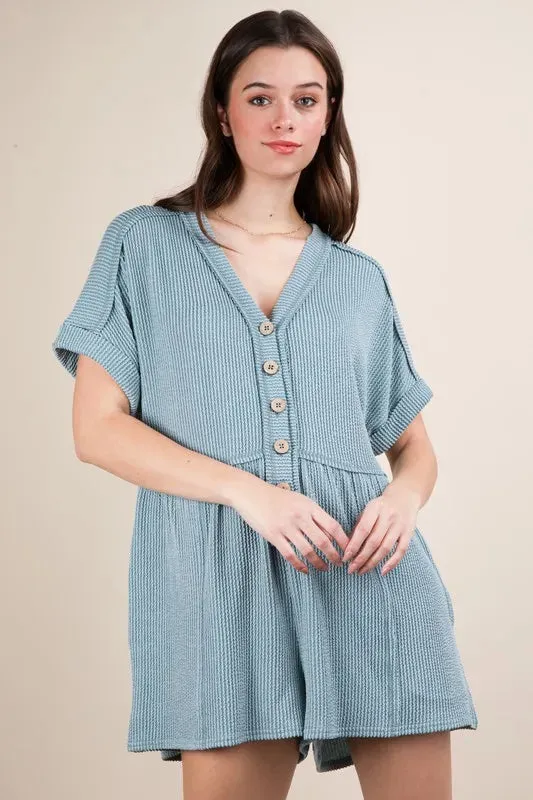 VERY J Two Tone Ribbed Knit Comfy Casual Romper