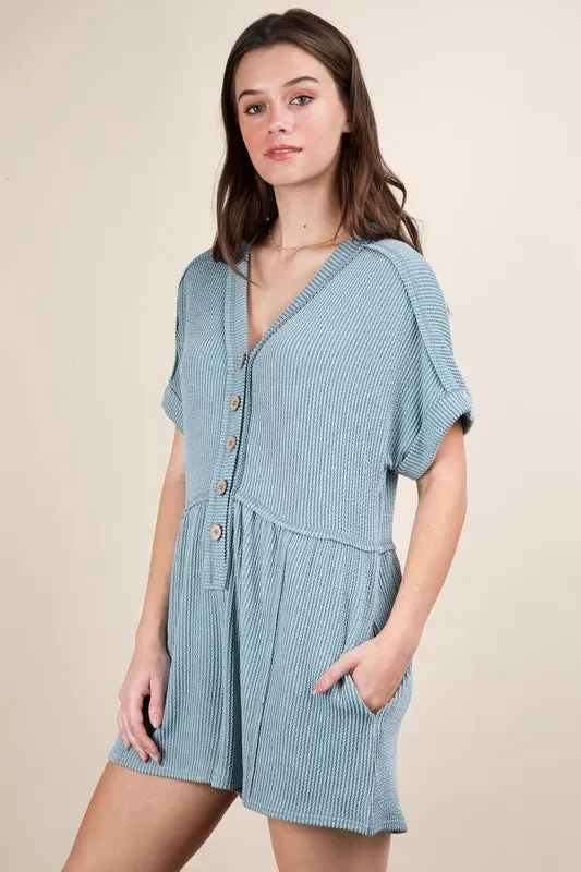 VERY J Two Tone Ribbed Knit Comfy Casual Romper