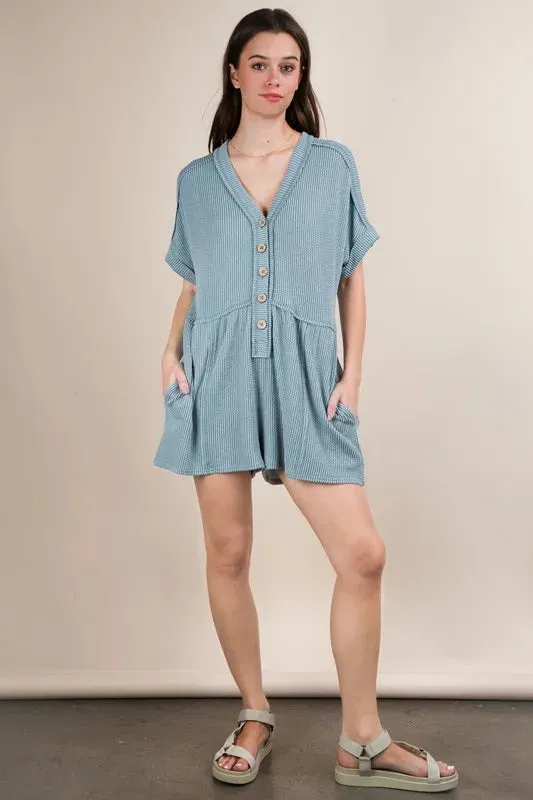 VERY J Two Tone Ribbed Knit Comfy Casual Romper